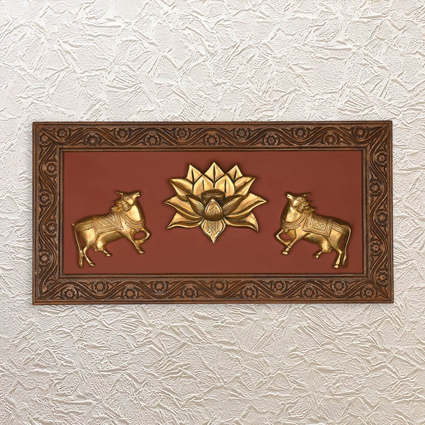 Brass Kamadhenu Cow Pair with Lotus – 11" Framed Wooden Wall Decor Art