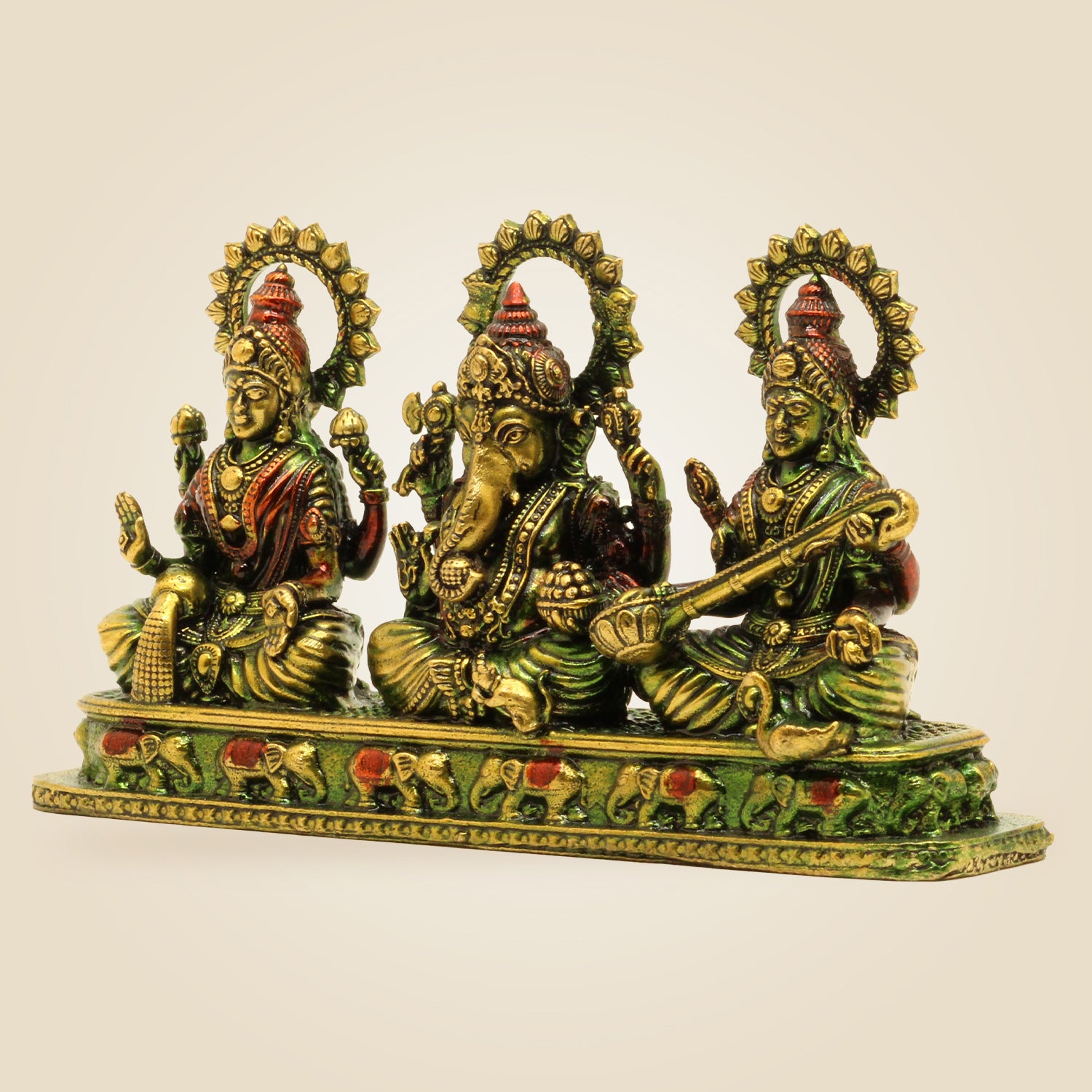 Brass Ganesh Lakshmi Saraswati Idol Set | Divine Hindu God Statue for Pooja & Home Decor 4" - Luxeartisanship