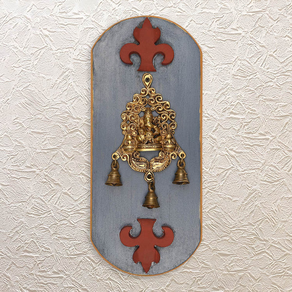 Lord Ganesha Wall Frame 16.5" – Brass Idol with Bell in Wooden Decor Art