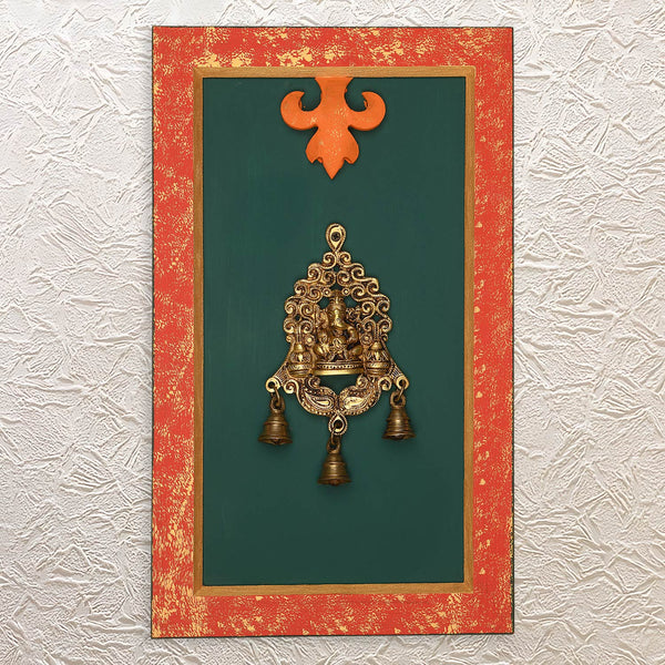 20" Brass Ganesha with Bells Wall Frame – Handcrafted Wooden Art for Home & Temple