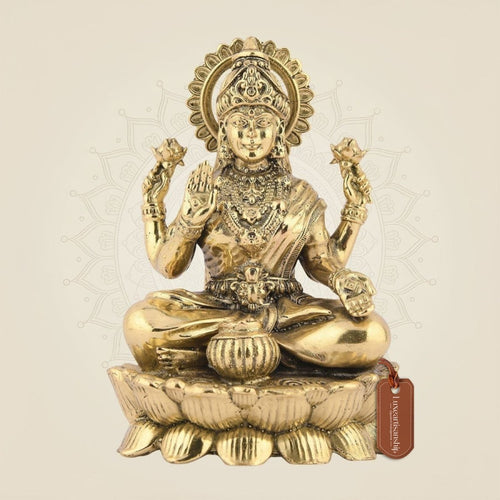 4.5" Laxmi Ji Seated on Lotus – Handcrafted Pure Brass Idol for Pooja Room