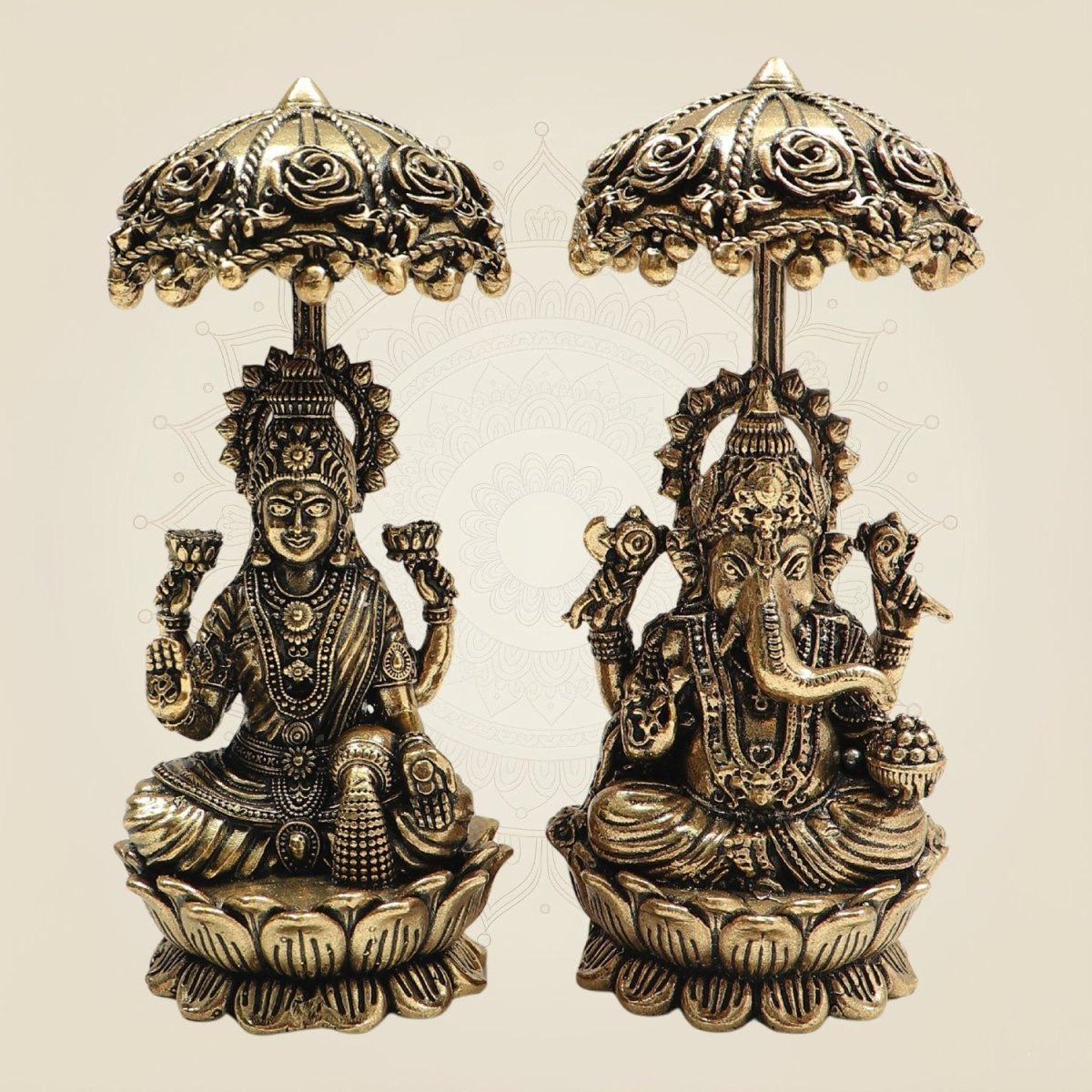 4.5" Umbrella Brass Laxmi Ganesh Idol Pair | Auspicious Vastu Decor - Luxeartisanship