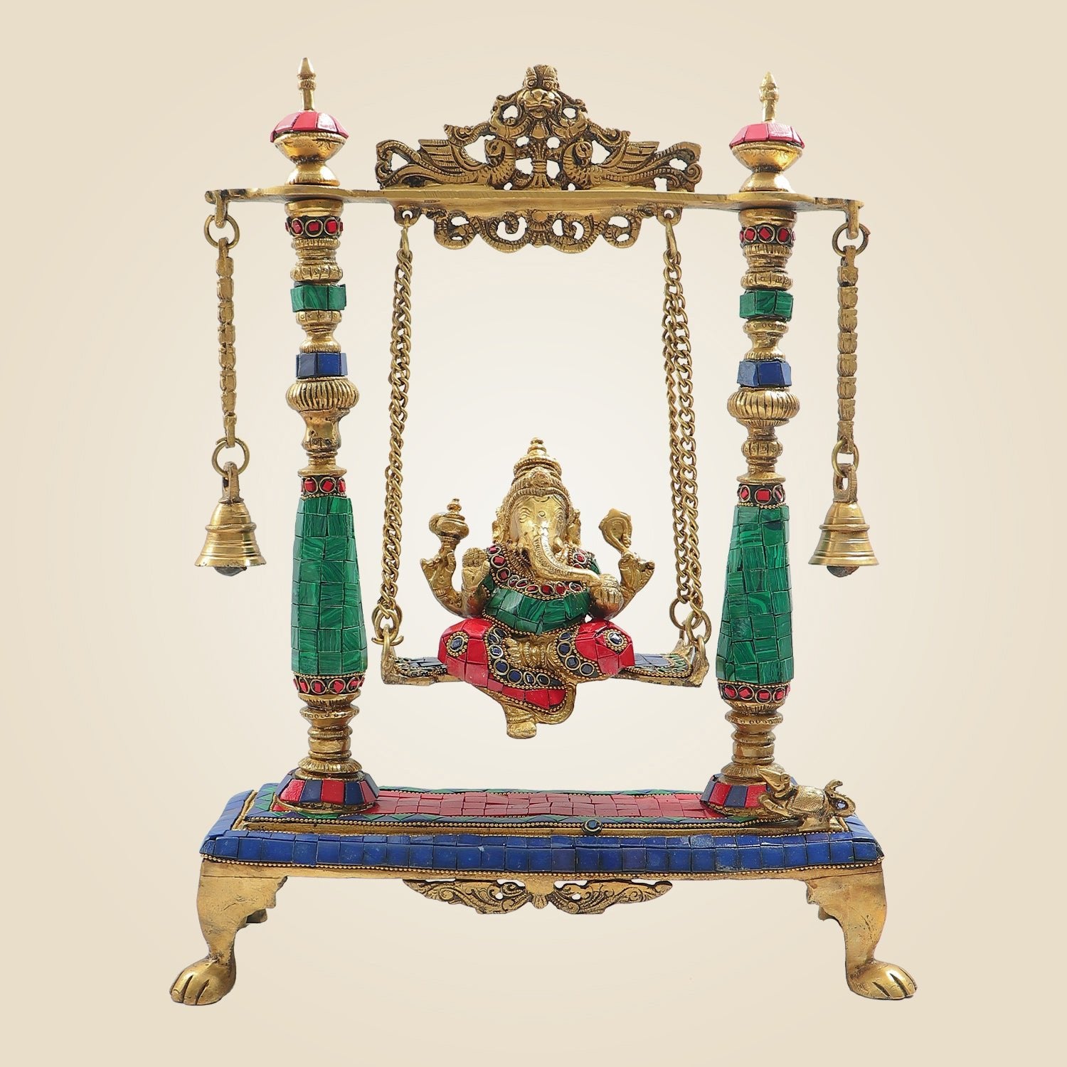 Brass Ganesh Ji Idol on Swing with Stone Work 16" | Traditional Ganesha Jhoola Statue for Pooja Decor