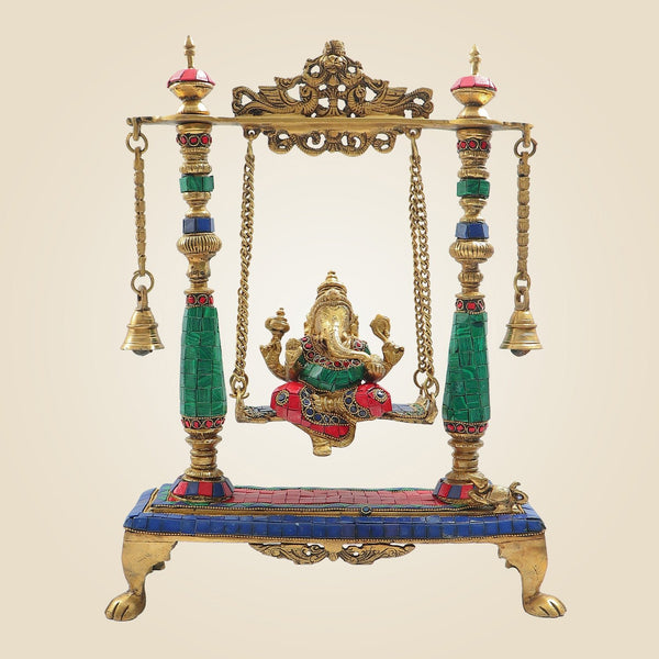 Brass Ganesh Ji Idol on Swing with Stone Work 16" | Traditional Ganesha Jhoola Statue for Pooja Decor