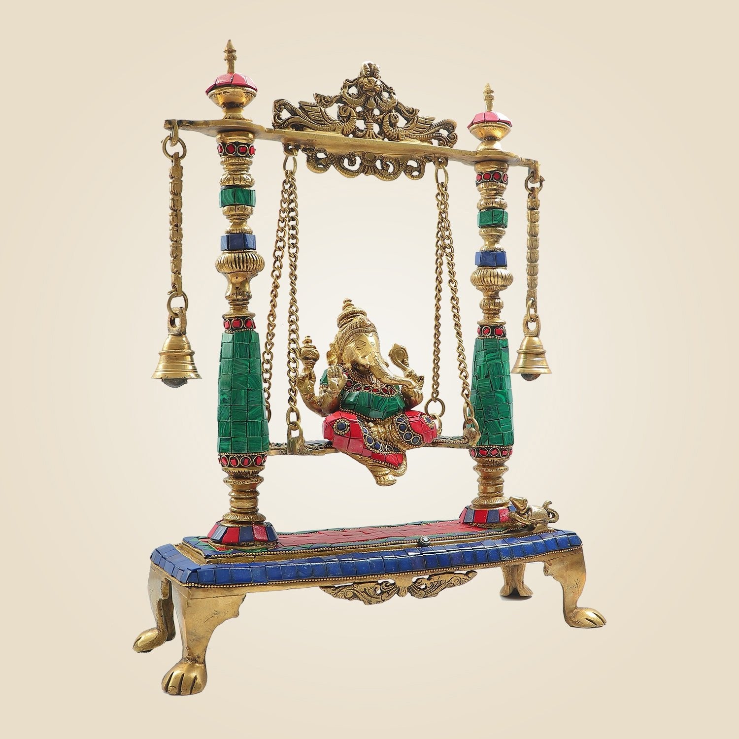 Brass Ganesh Ji Idol on Swing with Stone Work 16" | Traditional Ganesha Jhoola Statue for Pooja Decor