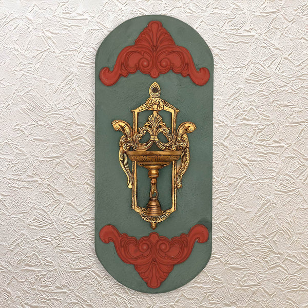17" Brass Diya in Wooden Wall Frame – Elegant Decorative Lighting Accent