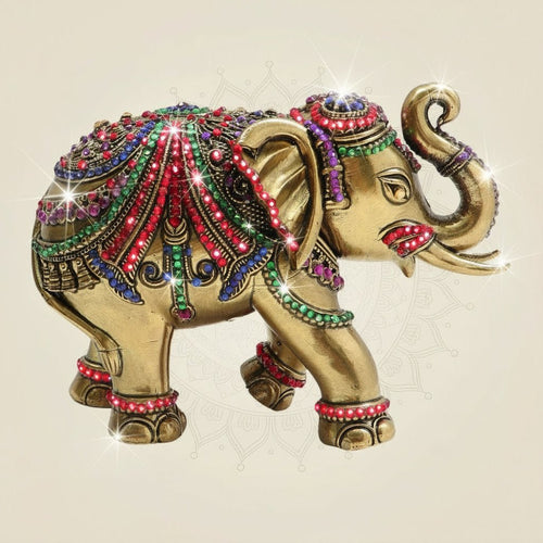 4.75" Brass Elephant Décor Enhanced with Colored Vibrant Stone Work