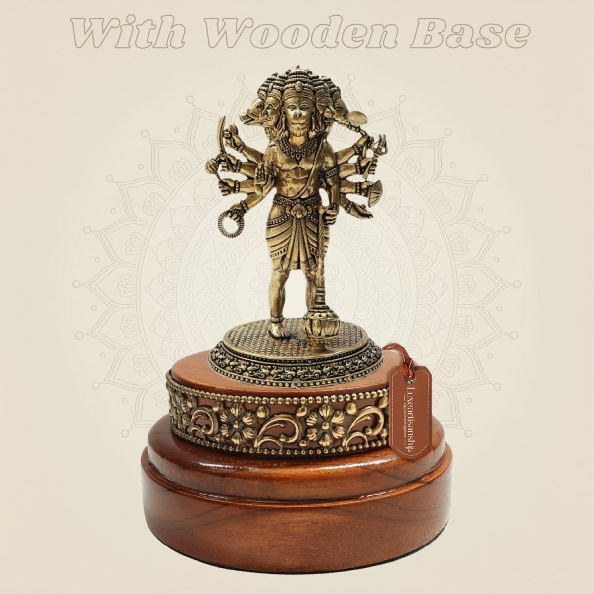 Brass Panchmukhi Hanuman Murti on Wooden Platform for Home Temple