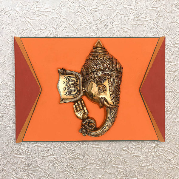 12" Brass Ganesha in Wooden Wall Frame – Spiritual Wooden Art Decor