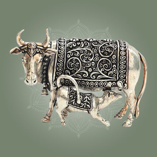 2.5" Silver Plated Kamdhenu Cow with Calf Idol for Vastu Murti