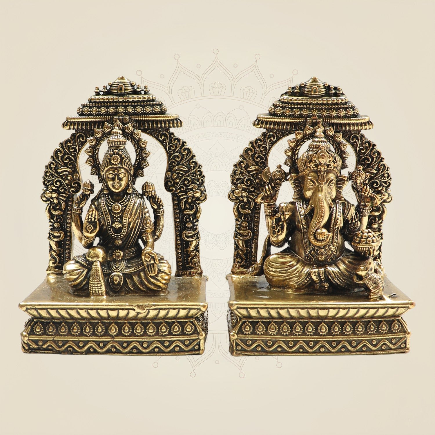 Lakshmi Ganesh Brass Murti 4" Set with Ornamental Prabhavali