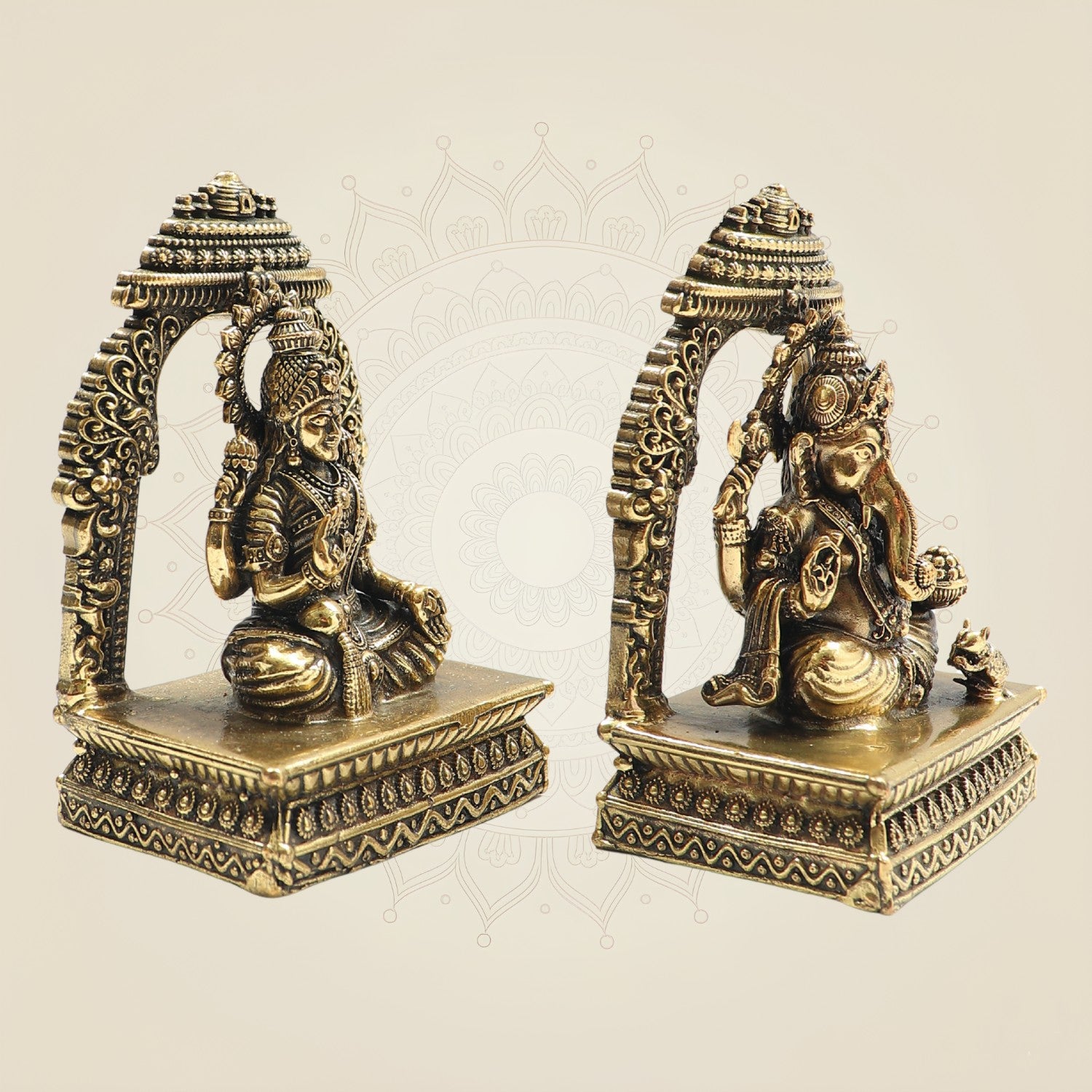 Lakshmi Ganesh Brass Murti 4" Set with Ornamental Prabhavali