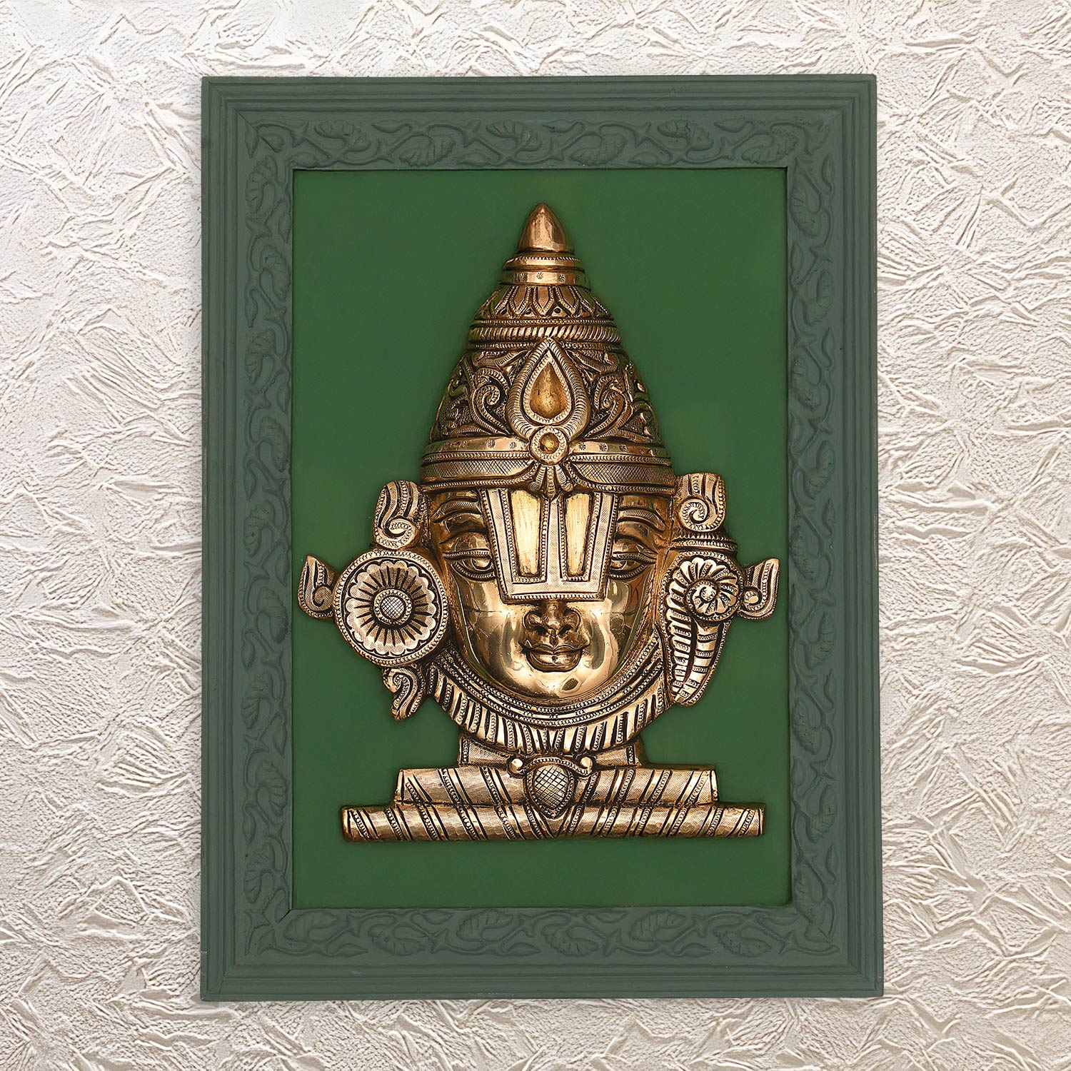 Wall Frame of Lord Venkateshwara – 16.75" Brass Idol in Wooden Decor