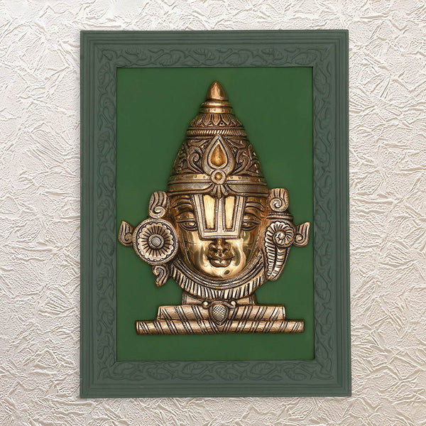 Wall Frame of Lord Venkateshwara – 16.75" Brass Idol in Wooden Decor