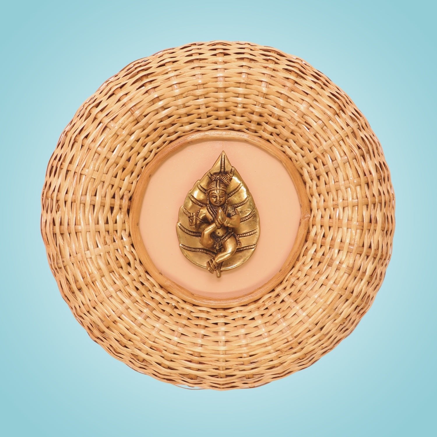 16" Brass Baby Krishna on Peepal Leaf • Cane Wall Hanging -Handcrafted Décor