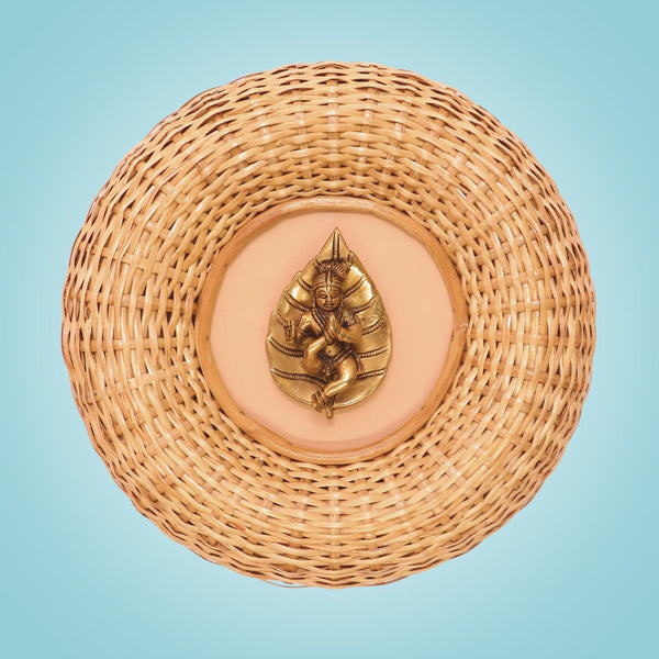 16" Brass Baby Krishna on Peepal Leaf • Cane Wall Hanging -Handcrafted Décor