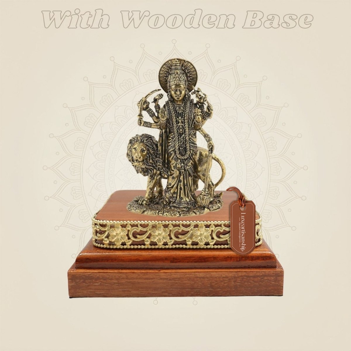 5 inch Brass Durga Maa with Lion Idol on Square Wooden Base