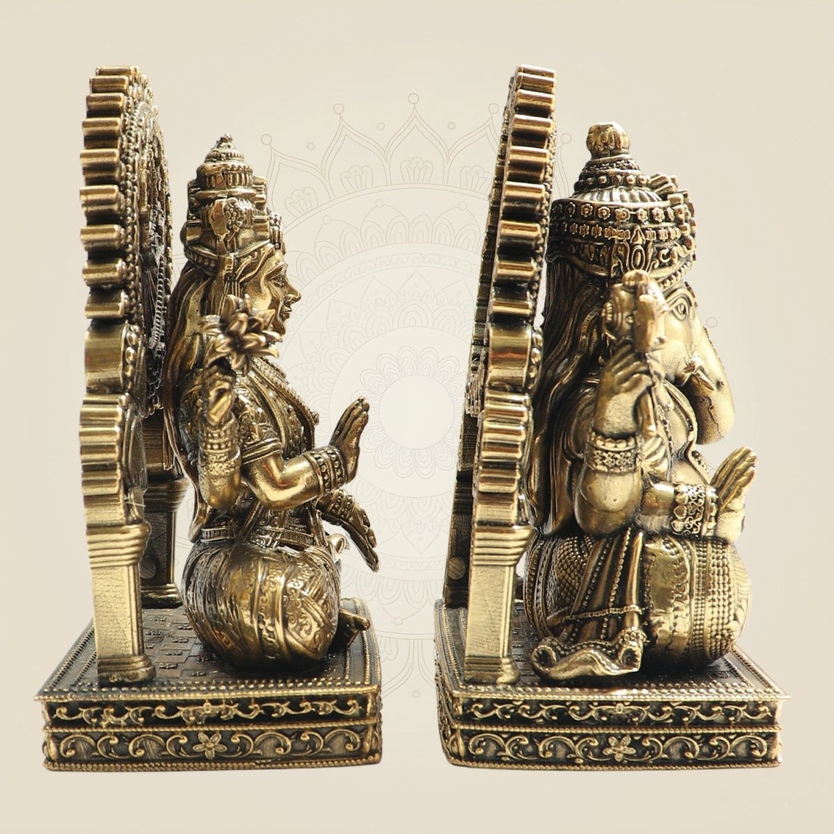 5" Brass Ganesh Lakshmi Murti with Ornamental Temple Arch - Luxeartisanship