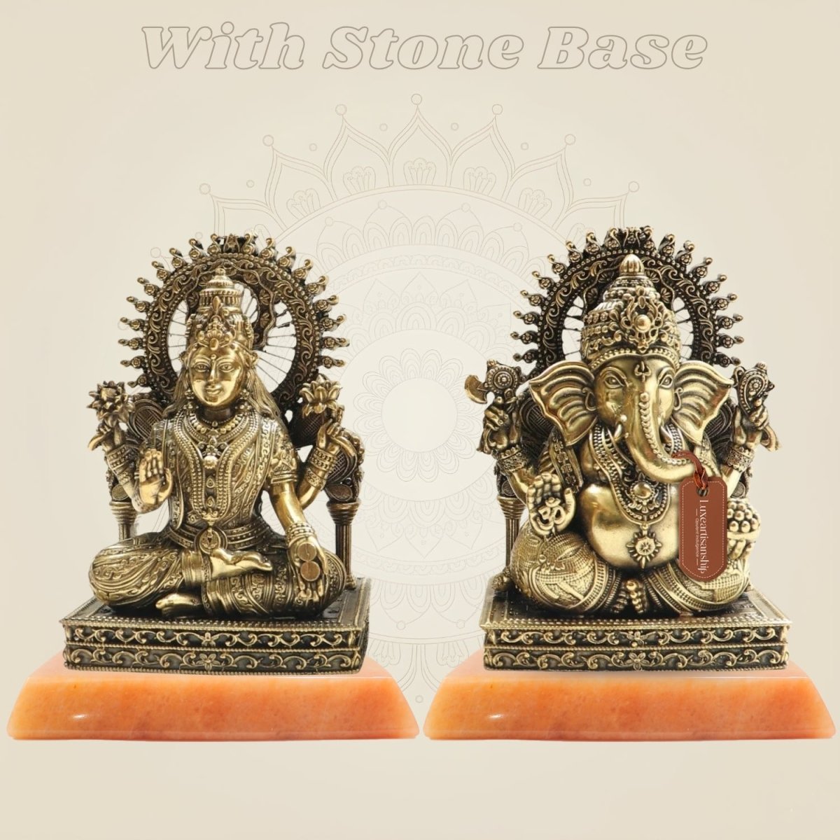 5" Brass Ganesh Lakshmi Murti with Ornamental Temple Arch - Luxeartisanship