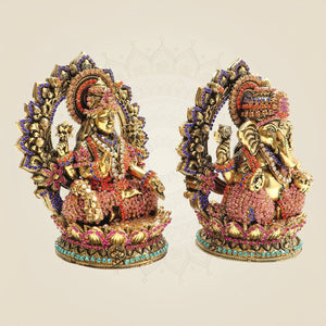5" Brass Lakshmi Ganesh Idol with Multicolour Jewellery Stone Work - Luxeartisanship