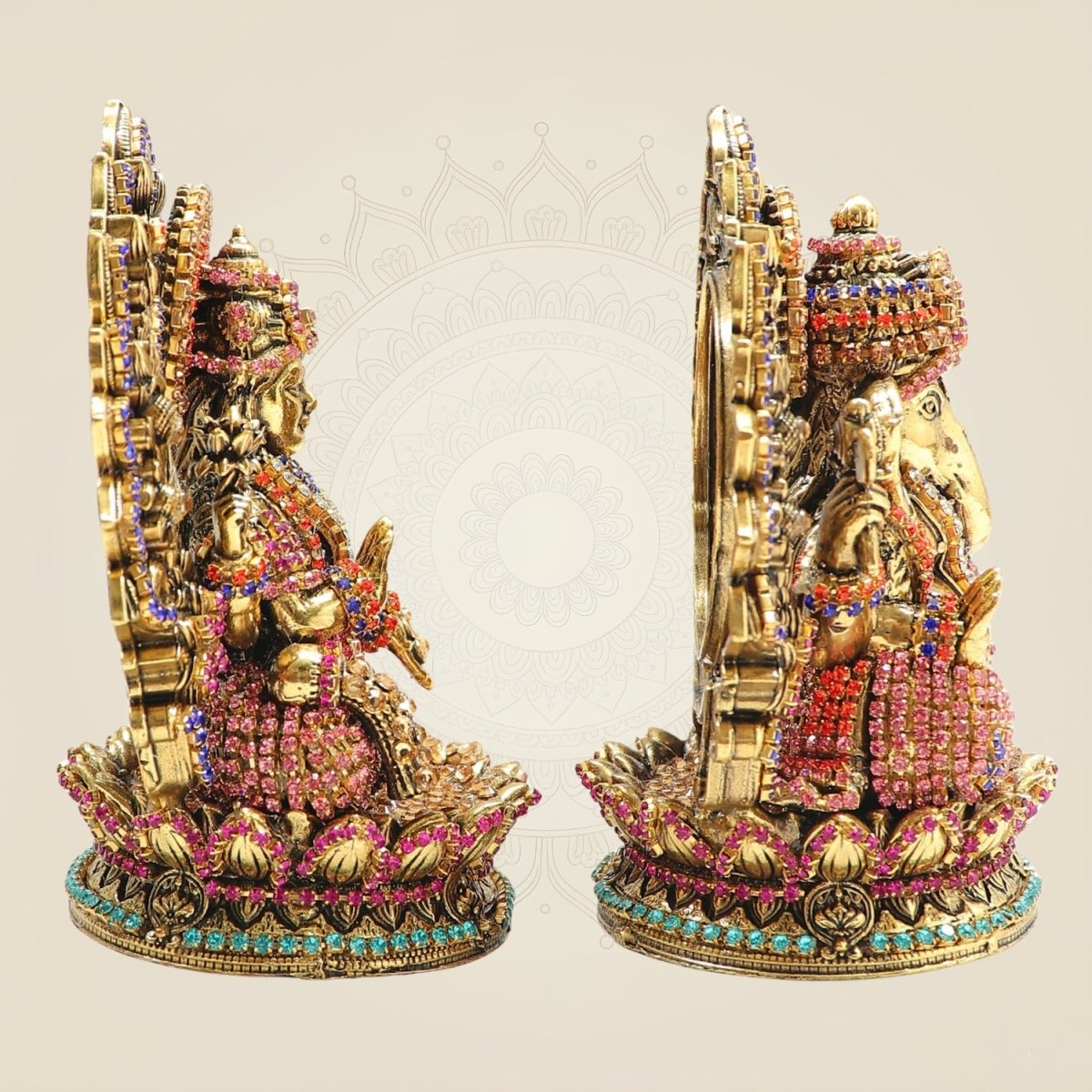 5" Brass Lakshmi Ganesh Idol with Multicolour Jewellery Stone Work - Luxeartisanship