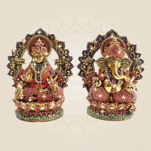 5" Brass Lakshmi Ganesh Idol with Multicolour Jewellery Stone Work