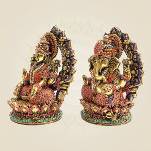 5" Brass Lakshmi Ganesh Idol with Multicolour Jewellery Stone Work - Luxeartisanship