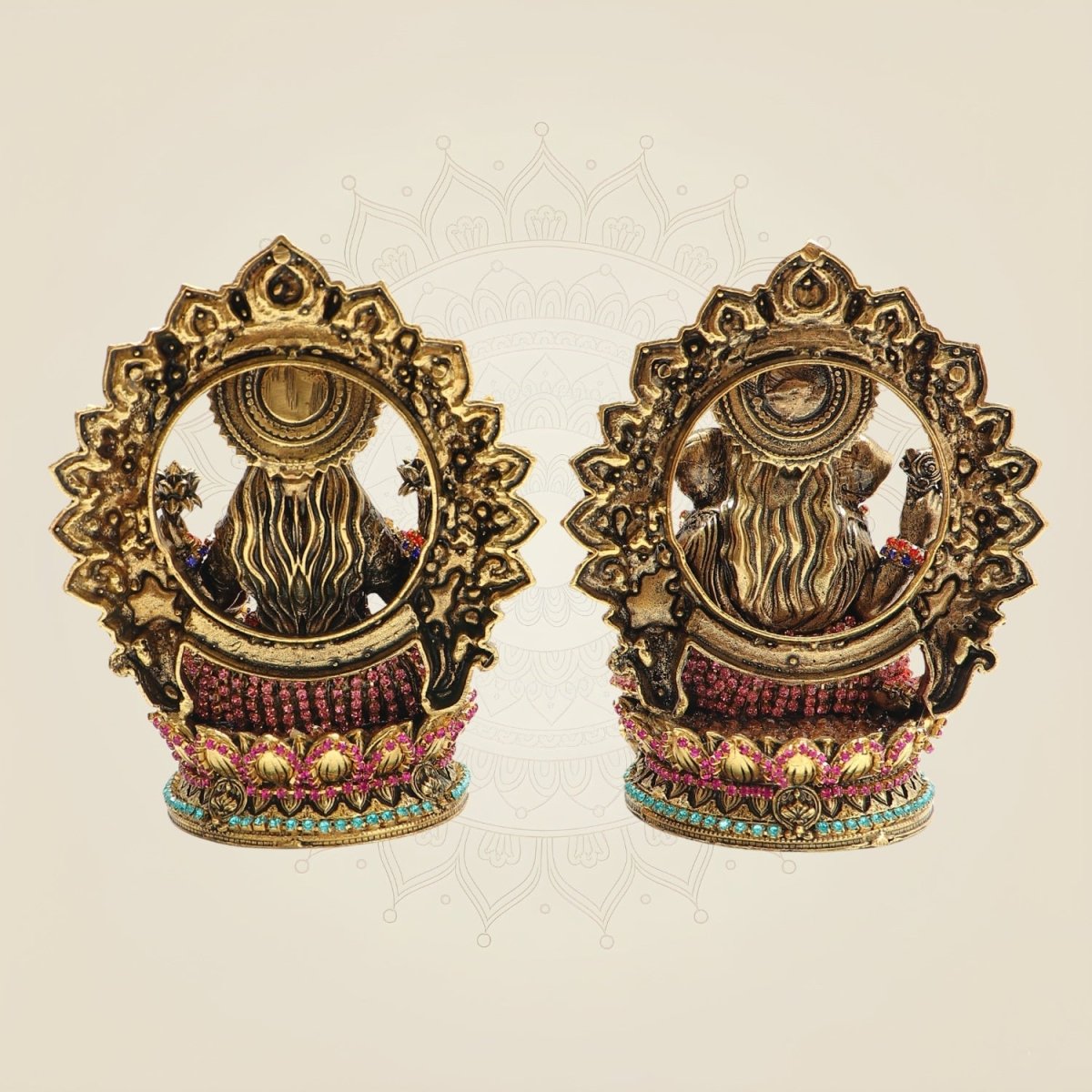 5" Brass Lakshmi Ganesh Idol with Multicolour Jewellery Stone Work - Luxeartisanship