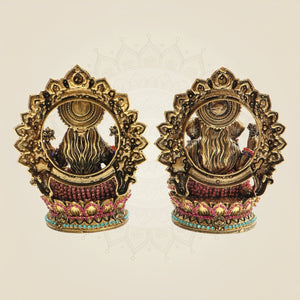 5" Brass Lakshmi Ganesh Idol with Multicolour Jewellery Stone Work - Luxeartisanship