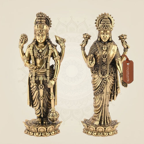 5" Brass Lakshmi Vishnu Idol - Elegant Lotus Base Murti for Puja & Decor