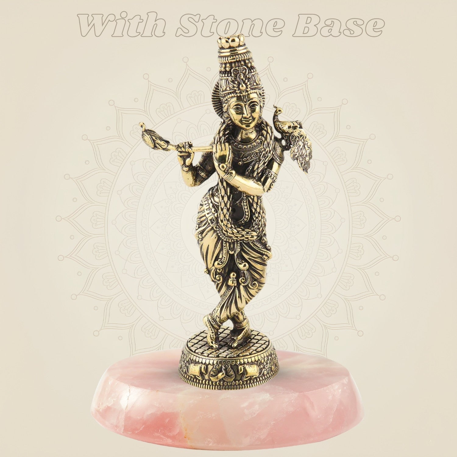 Brass Lord Krishna with Peacock Idol with stone base