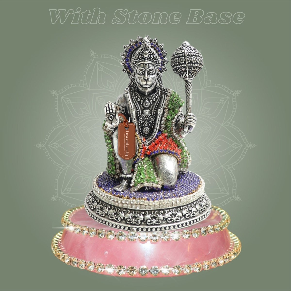 Silver Plated Kneeling Brass Hanuman Idol 3.75" with Refined Stone Detailing - Luxeartisanship
