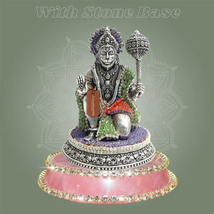 Silver Plated Kneeling Brass Hanuman Idol 3.75" with Refined Stone Detailing - Luxeartisanship