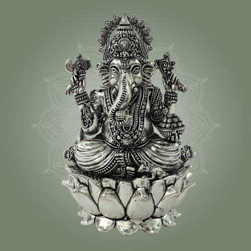 5" Silver-Plated Brass Chaturbhuja Ganesha Statue Seated on Lotus