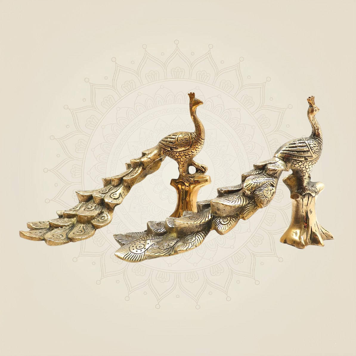 Brass Peacock Bird Sculpture with Textured Tree Trunk Base