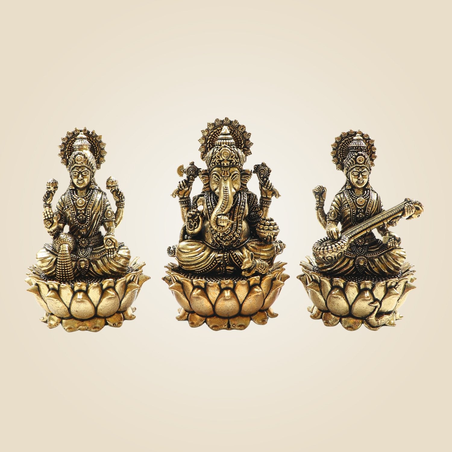 Lakshmi Ganesh Saraswati Idol on Lotus Set 3" – Small Size Pair for Pooja & Décor