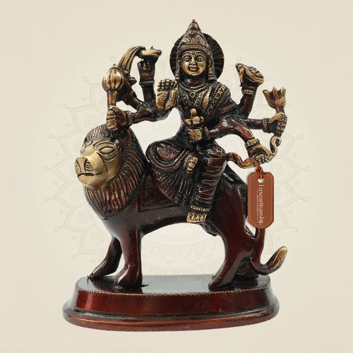 5.25" Brass Durga Maa Idol on Lion – Powerful Simhavahini Goddess Statue for Navratri Puja