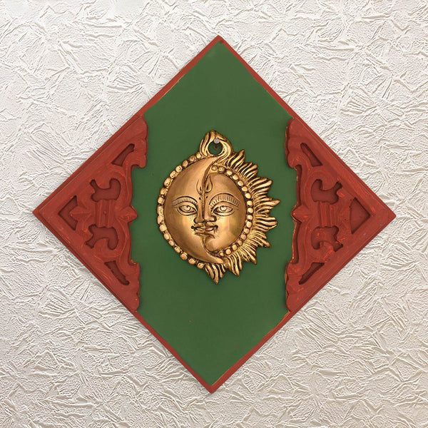 Wall Frame of Sun & Moon Brass Art – 15.5" Wooden Hanging for Spiritual Decor