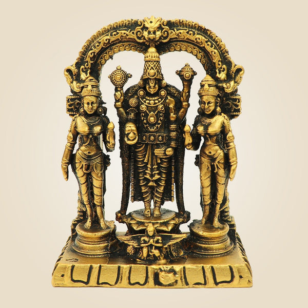Bronze Tirupati Balaji Idol 2.75"– Venkateswara with Sridevi Bhudevi Statue
