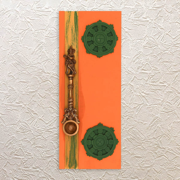 Wall Frame of Krishna Hawan Spoon – 16.5" Brass Art in Decorative Wooden Style