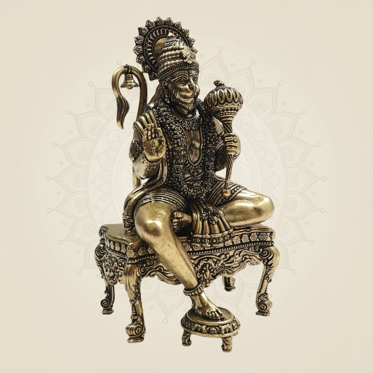 5.5" Brass Hanuman Sitting on Chowki – A Symbol of Devotion - Luxeartisanship