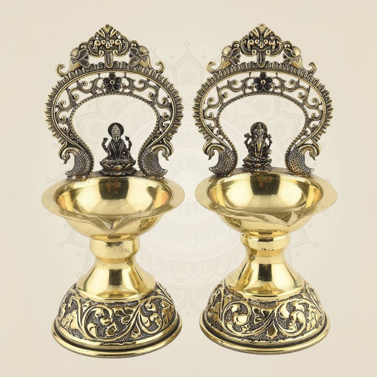 5.5-inch Brass Lakshmi Ganesh Gajalakshmi Diya Set.