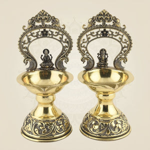 5.5-inch Brass Lakshmi Ganesh Gajalakshmi Diya Set.
