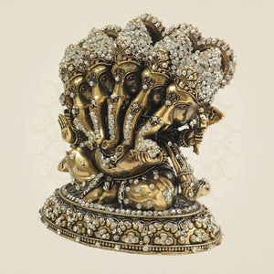 5.5" Panchmukhi Ganesha Brass Murti with Sheshnag Jewellery Stone Work - Luxeartisanship