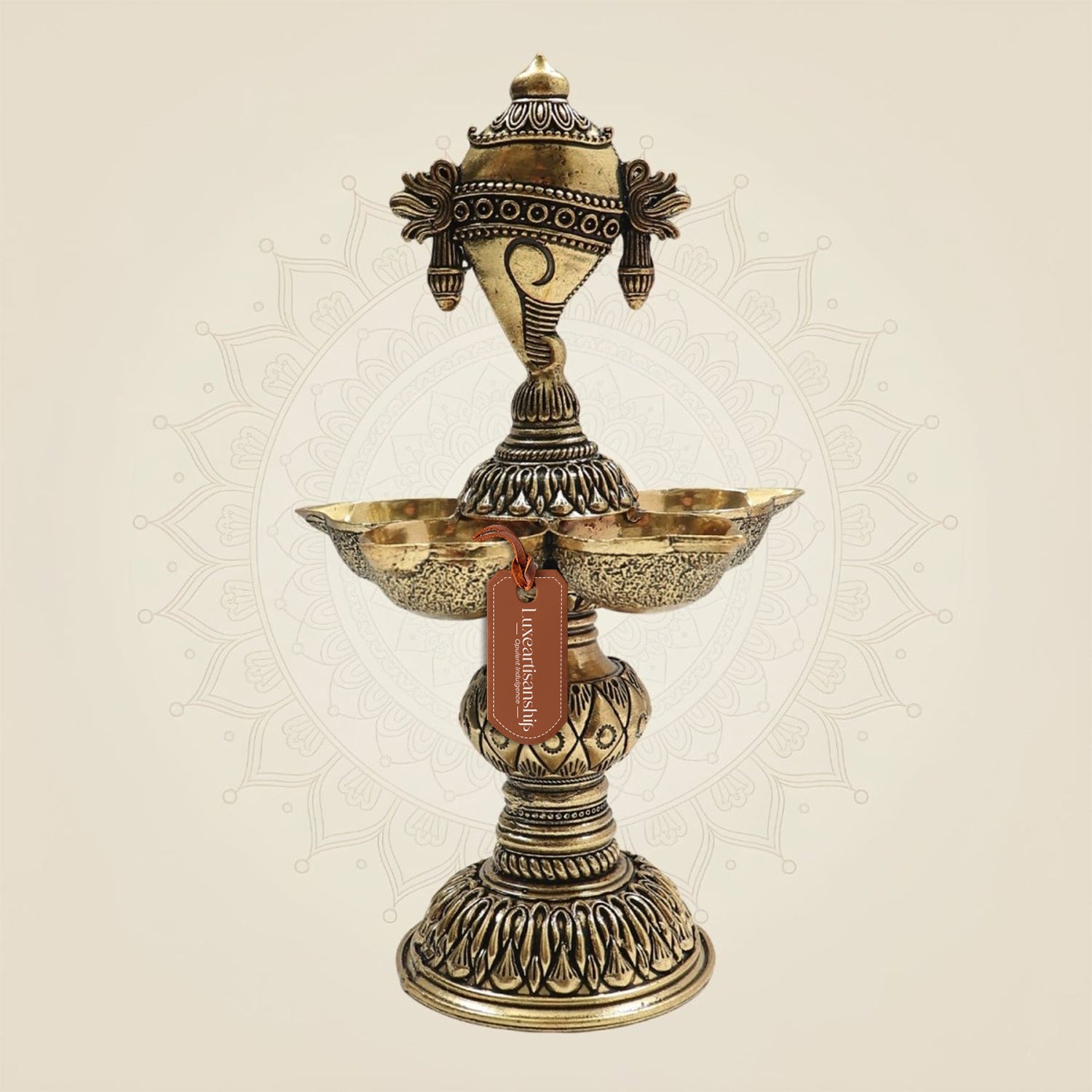 Brass Shankh Chakra Diya with 5 Deepak – Sacred Light for Divine - Luxeartisanship