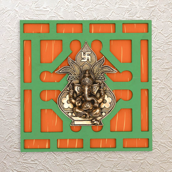 Lord Ganesha with Hanging Kalash – Brass Plate in Decorative Wooden Wall Frame 16"