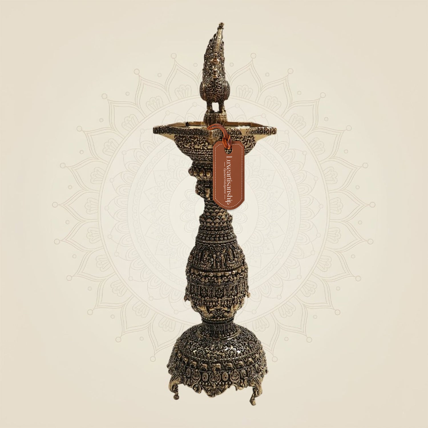 Brass Samai Diya with Peacock 12"– Classic Deepam - Luxeartisanship