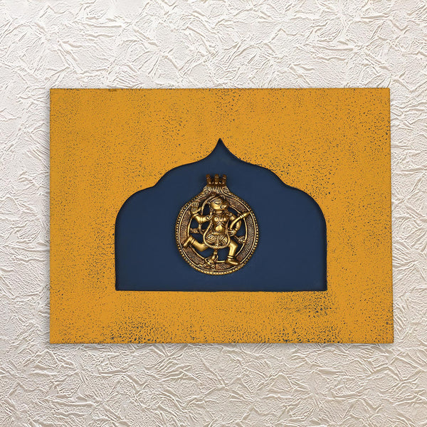 Brass Hanuman Ji 12" Wooden Wall Frame - Spiritual Wall Decor Plate
