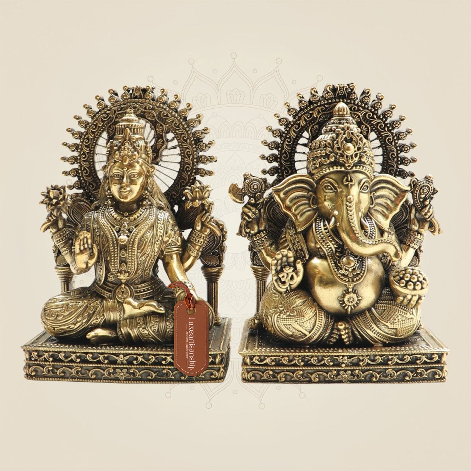 5" Brass Ganesh Lakshmi Murti with Ornamental Temple Arch - Luxeartisanship