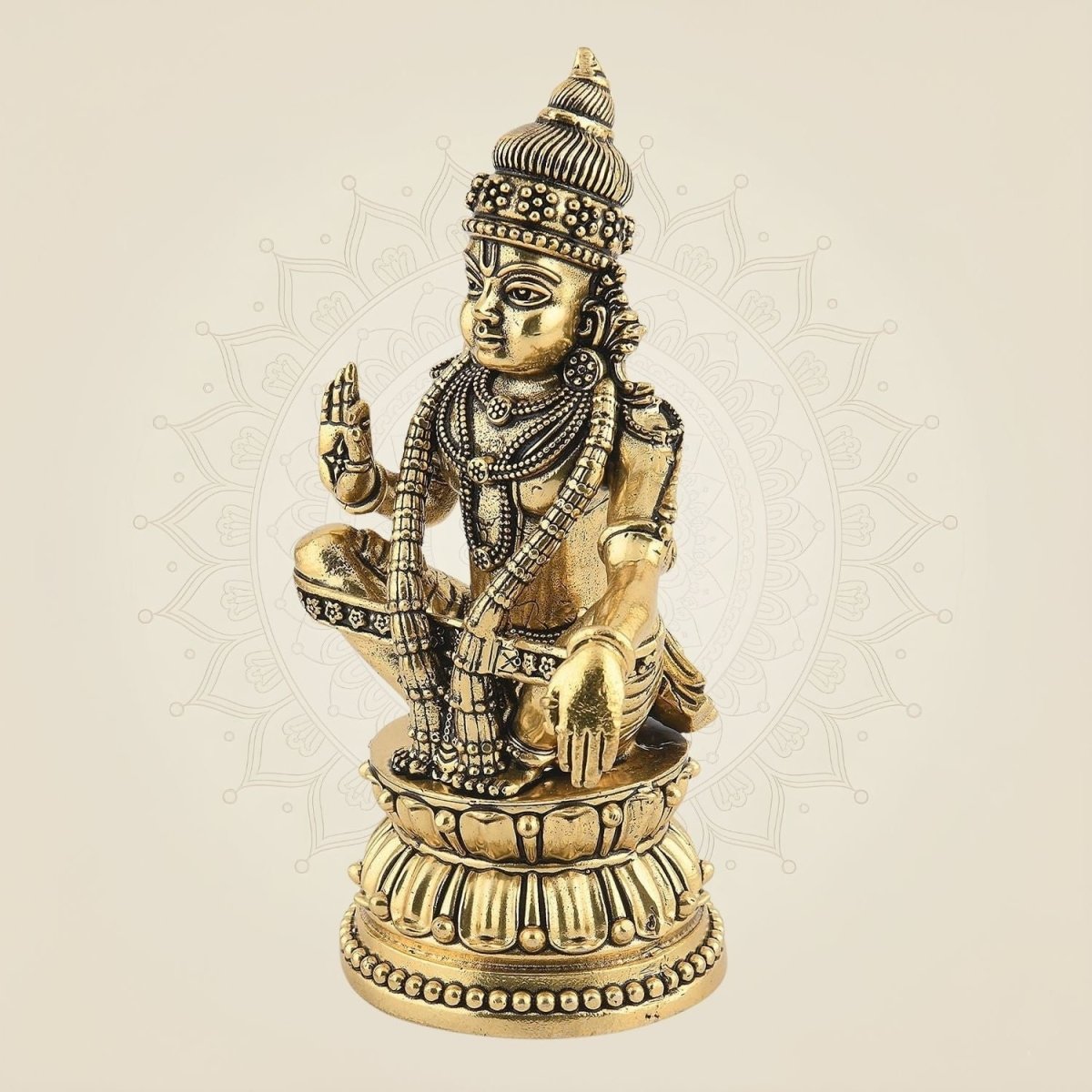 6" Ayyappa Swami Brass Idol – Handcrafted Lord Ayyappa Murti for Temple & Pooja Decor - Luxeartisanship